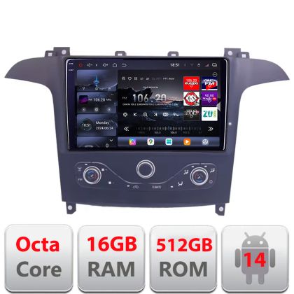 Navigatie Ford S-max 2006-2014 Qled 2K Octa Core 12+256GB LTE 4G DSP Wifi 5Ghz android auto carplay radio gps internet KIT-smax-navi+EDT-E809-2K