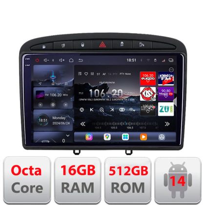 Navigatie Peugeot 308 2007-2014  Edotec Kit-038 8 core QLED 2K 12+256GB 360 Android Waze USB Navigatie Internet Youtube Radio