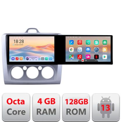 Navigatie Ford Focus clima manuala Kit-140-manual Edotec 2 ecrane  8 core 4+128 21.6 inch Incell android Wifi 5Ghz gps internet 32
